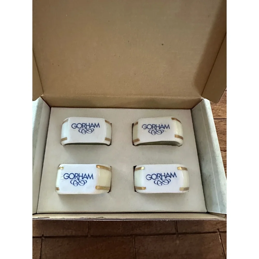 Gorham China Napkin Rings Set of 4 White‎ Gold Trim Style 00777GO Vintage Dining